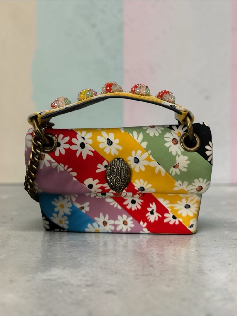 Kurt Geiger London Mini Kensington Rainbow Daisy Stripe Leather Crossbody Bag